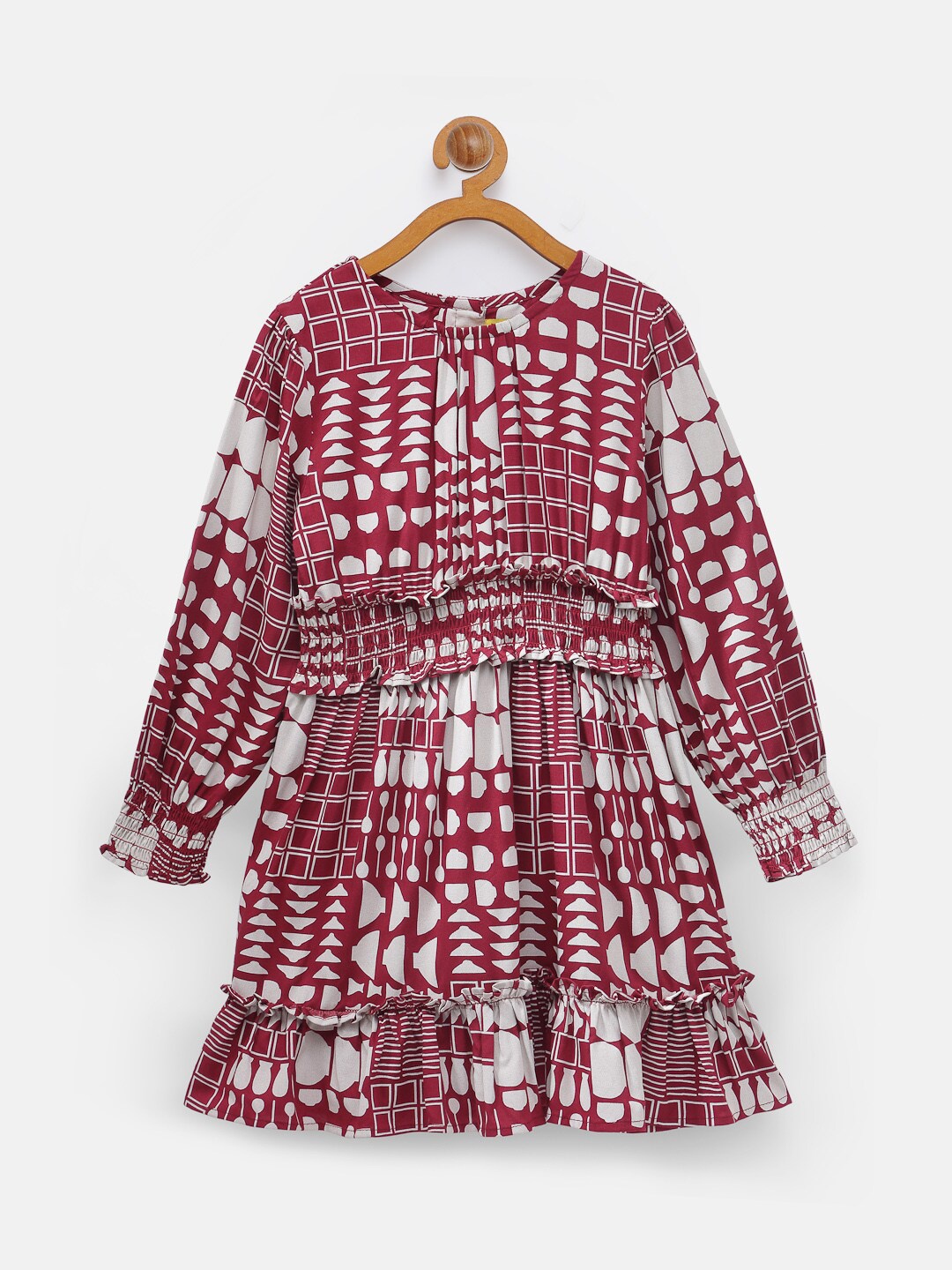 

NYNSH- PlusS Kids Girls Maroon & White Printed Bishop Sleeves Dress