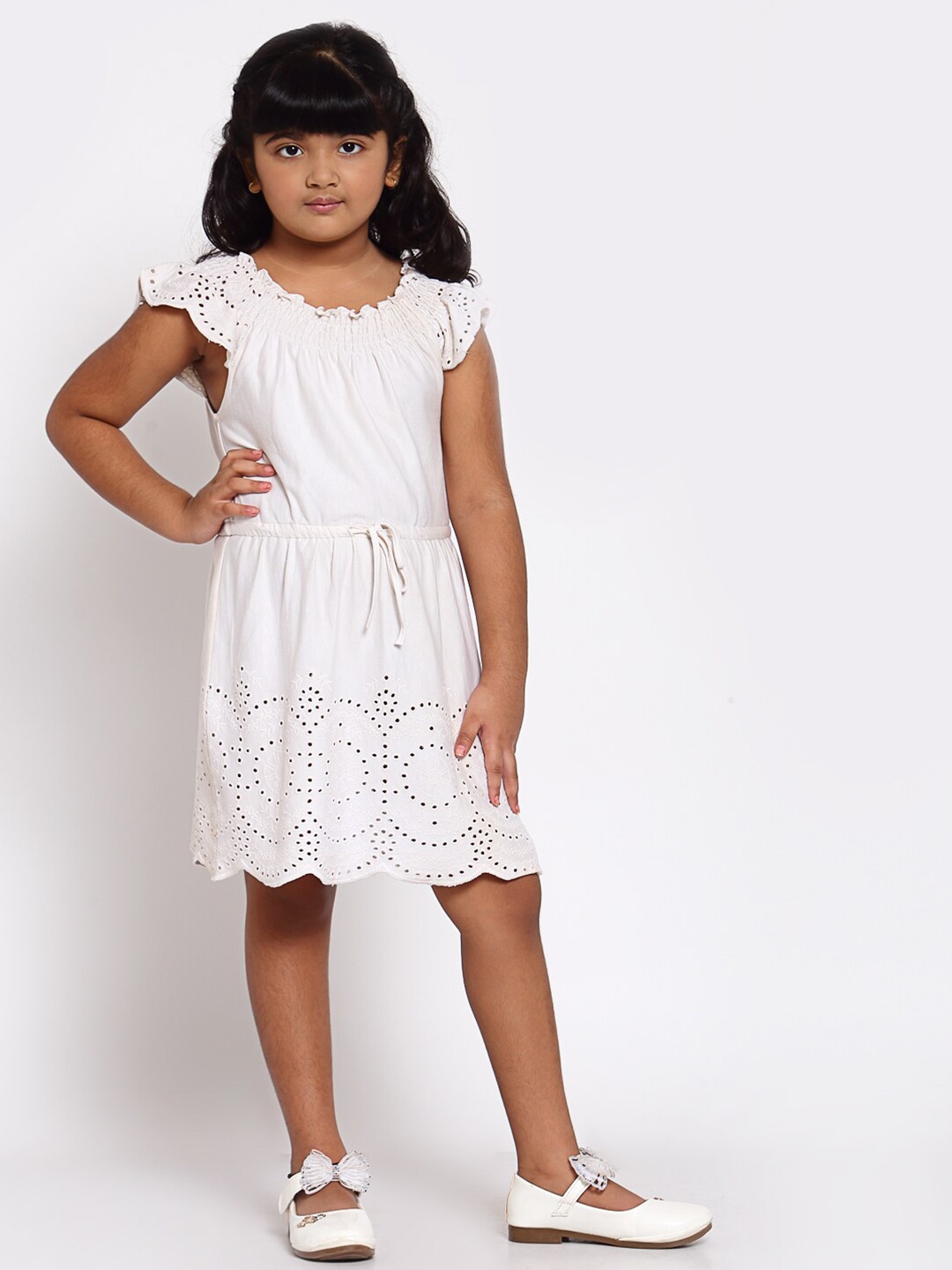 

NYNSH- PlusS Kids Off White Self Design Cotton Dress