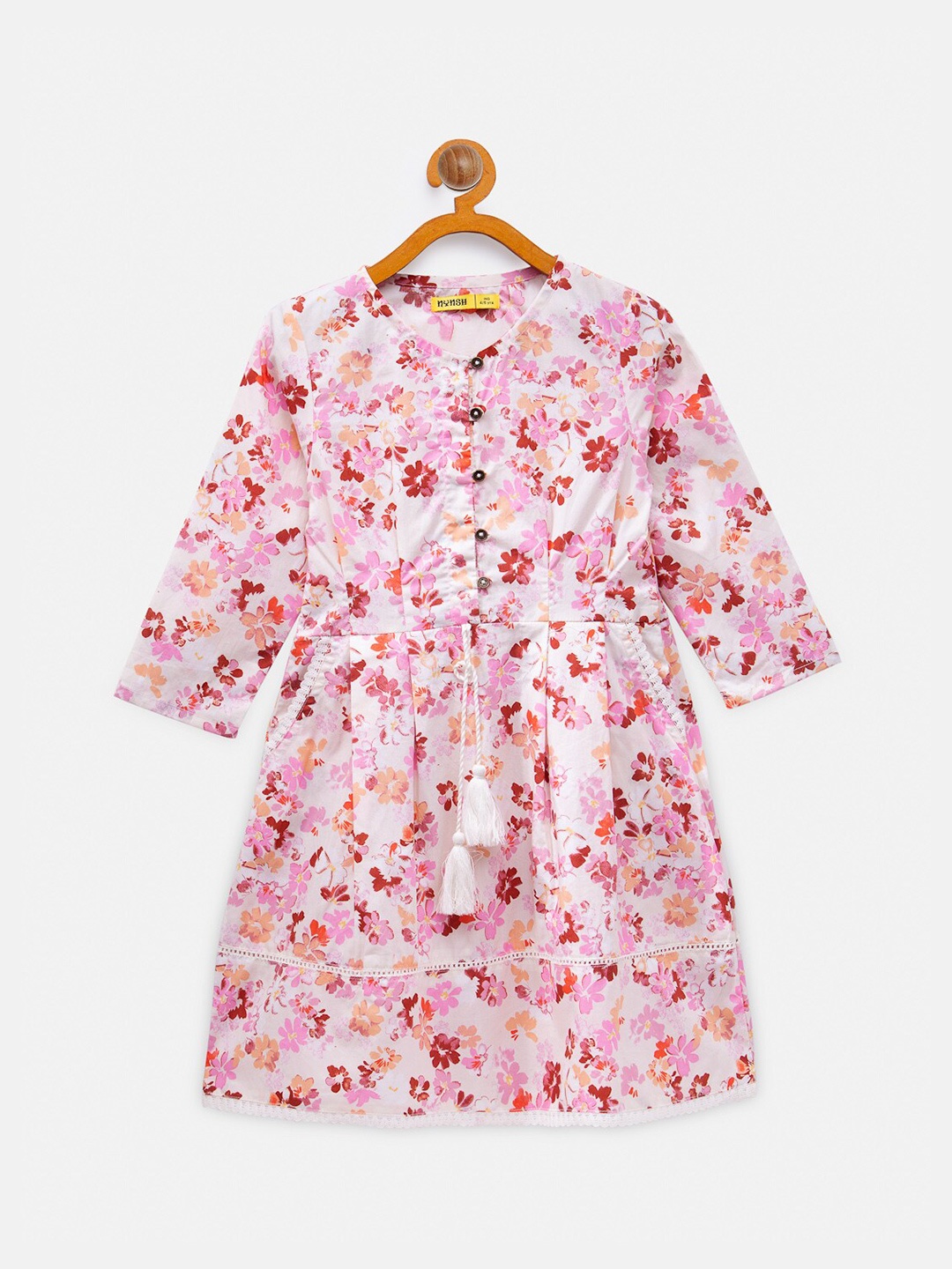 

NYNSH- PlusS Kids Girls White & Pink Cotton Floral Printed Fit & Flare Dress