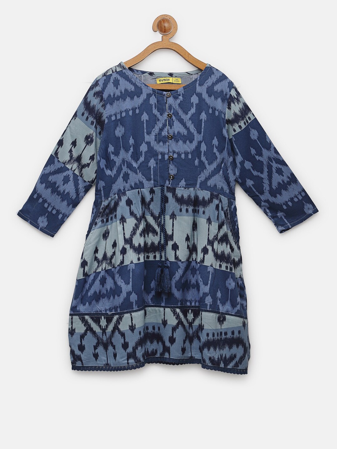

NYNSH- PlusS Kids Girls Blue Ethnic Motifs Printed Pure Cotton A-Line Dress