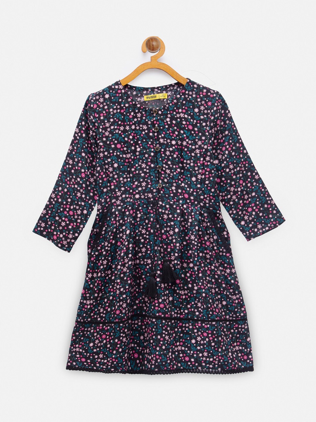 

NYNSH- PlusS Kids Girls Black & Pink Floral Print Lace Tie-Up Cotton Fit & Flare Dress