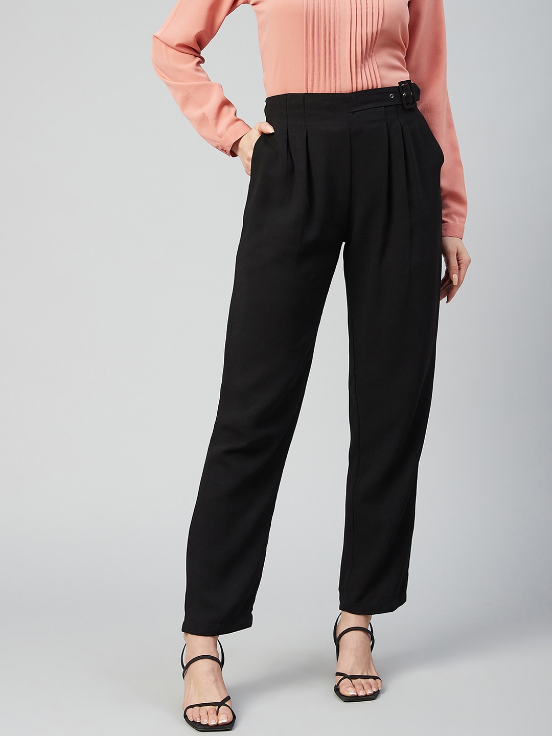 

Marie Claire Women Black Solid Pleated Trousers with Belt Buckle Applique