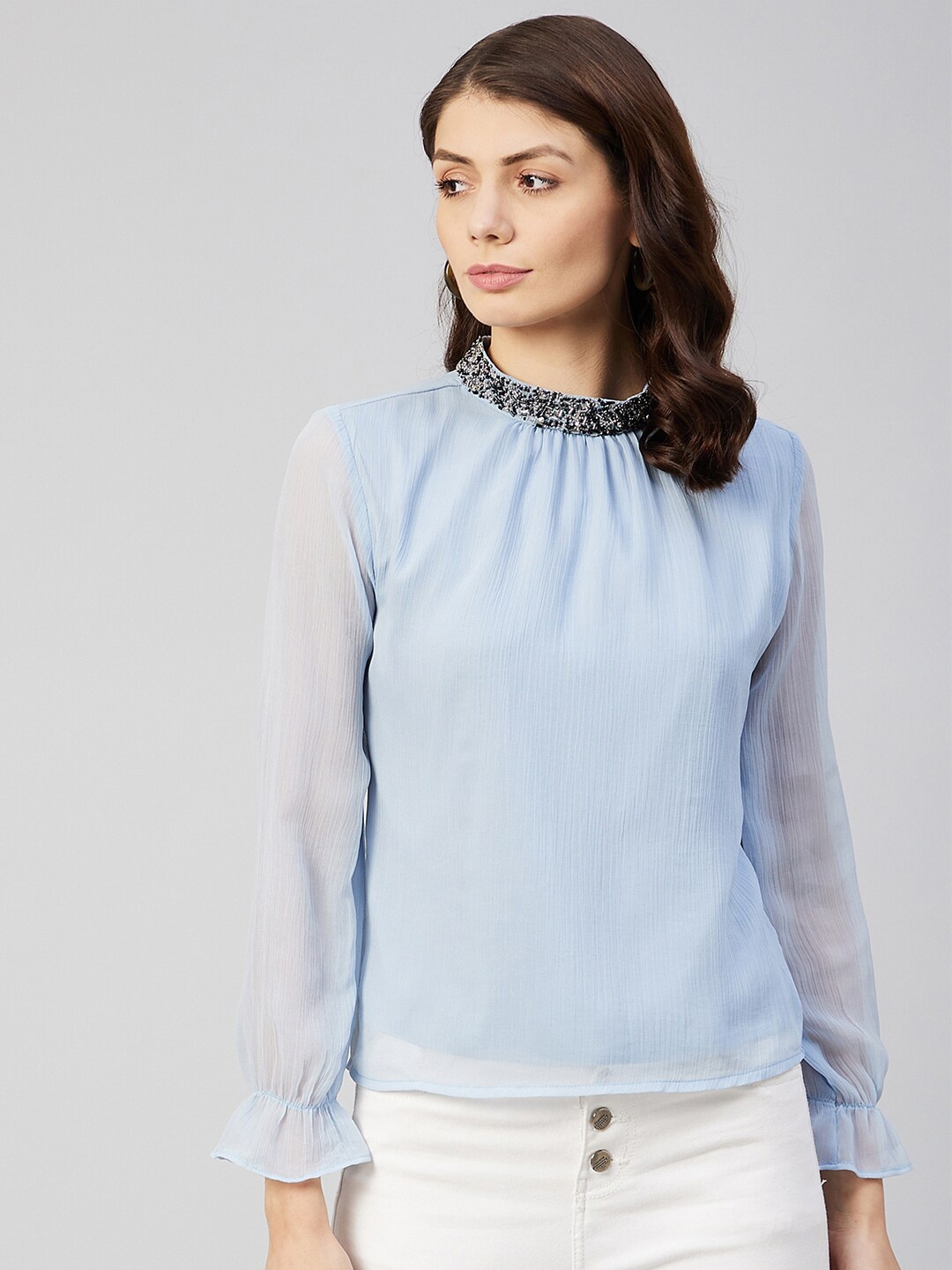 

Marie Claire Women Blue Embellished Jewel Neck Chiffon Top