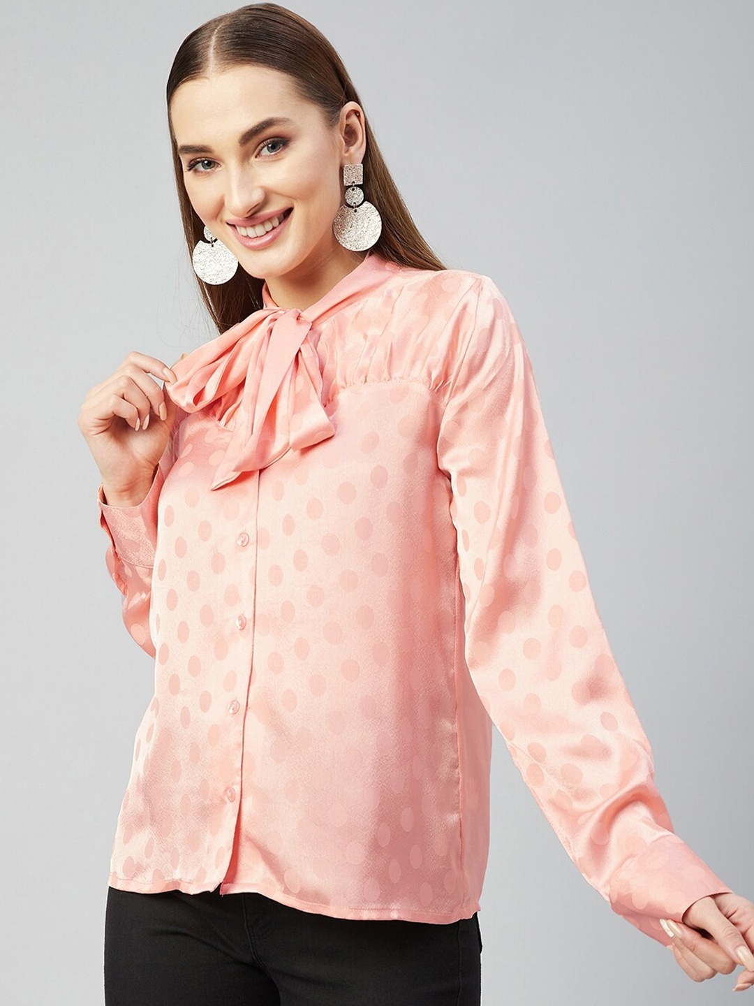 

Marie Claire Women Peach-Coloured Tie-Up Neck Shirt Style Top