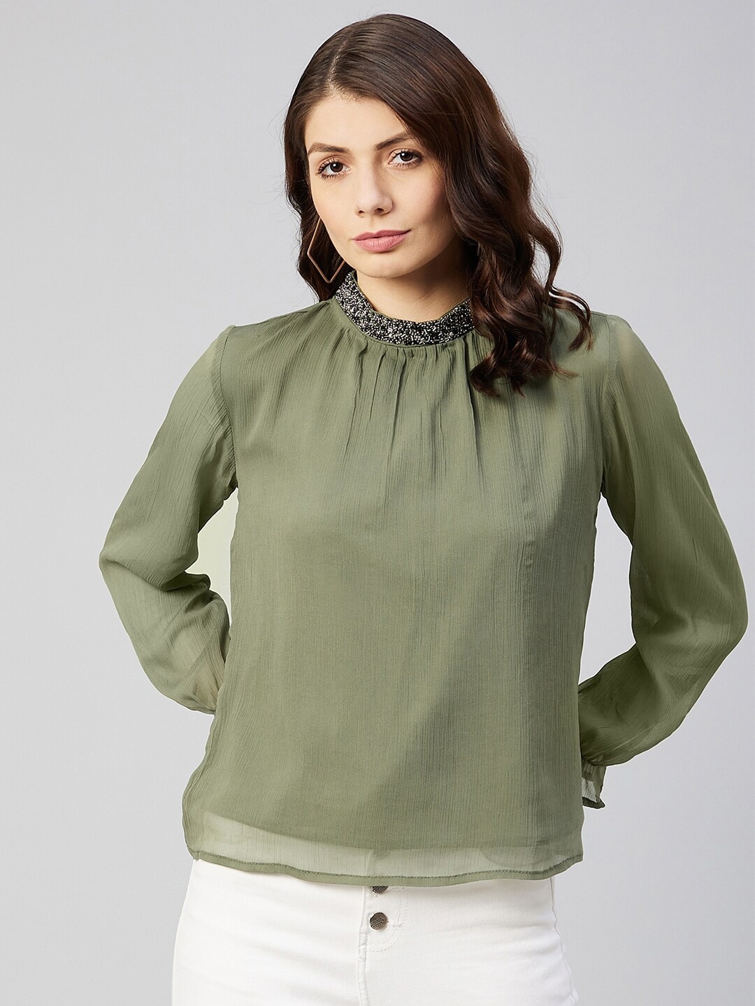 

Marie Claire Olive Green Solid Crinkled Chiffon Top with Tie-Ups with Embellished Detail