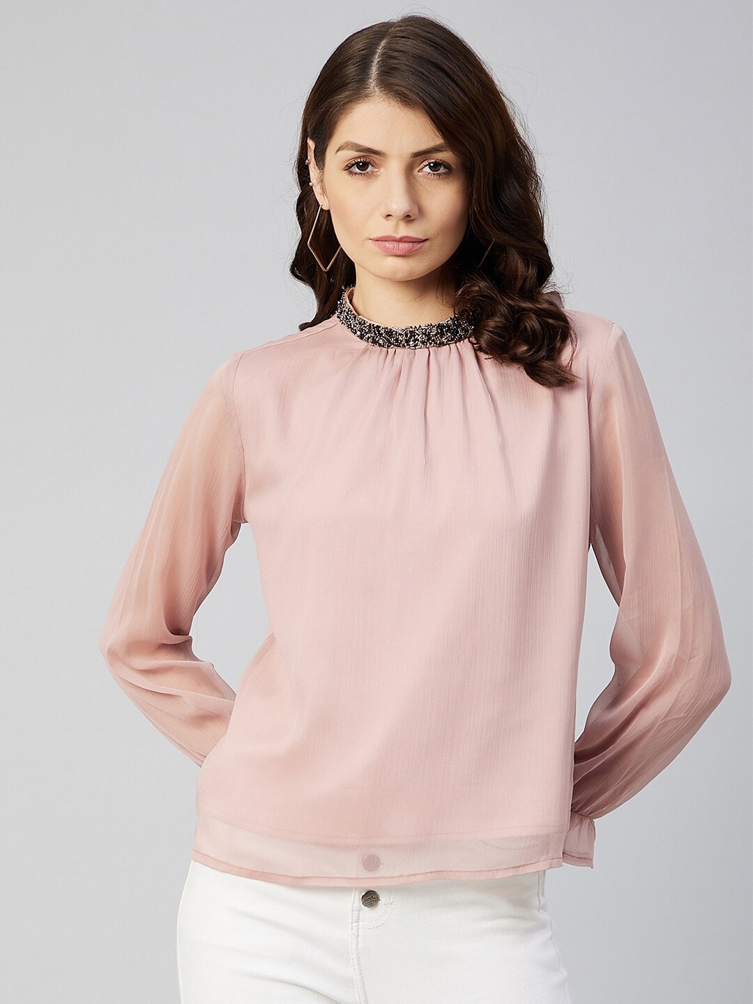 

Marie Claire Women Peach-Coloured Embellished Jewel Neck Chiffon Top