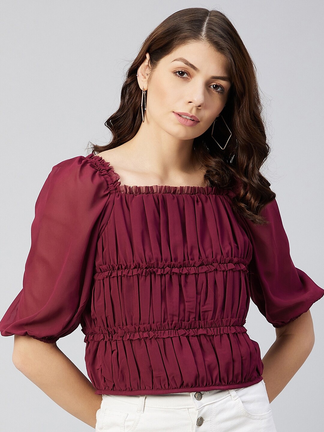 

Marie Claire Burgundy Solid Ruffled & Pleated Georgette Top