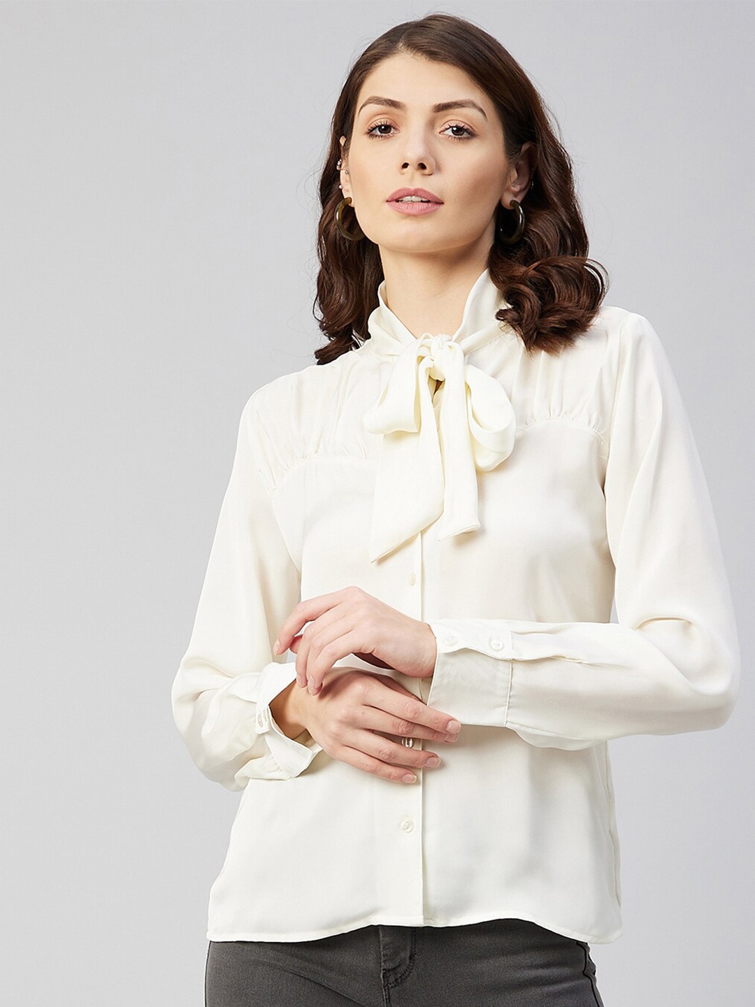

Marie Claire Women Off White Tie-Up Neck Top