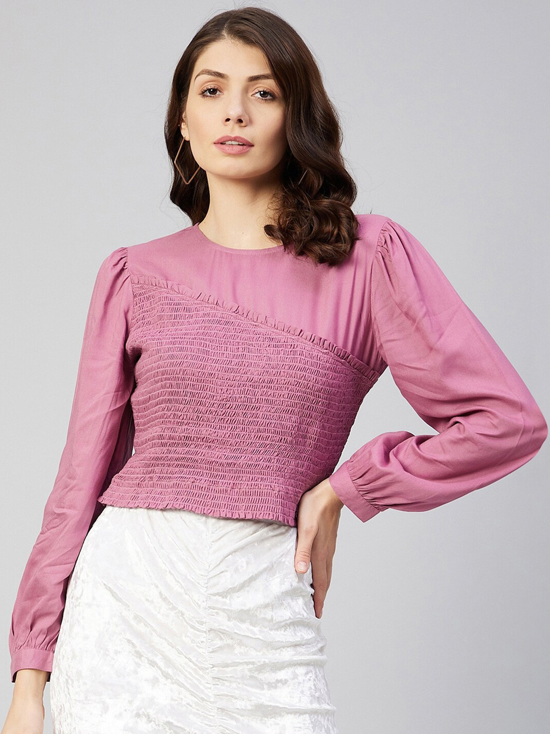 

Marie Claire Mauve Solid Crop Top With Smocking