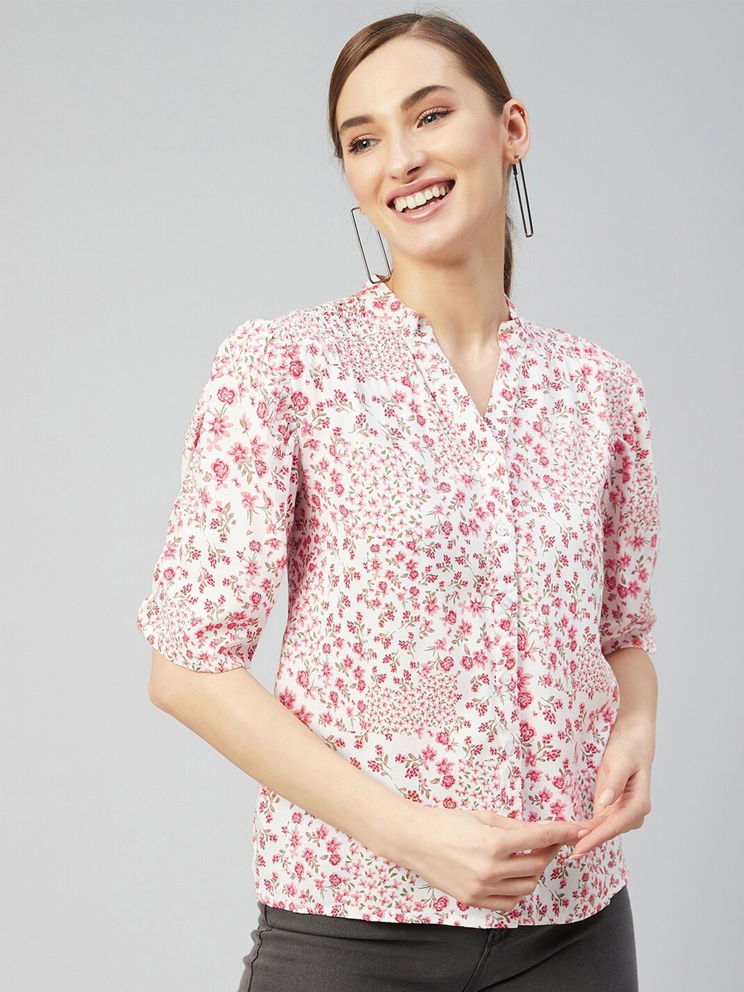 

Marie Claire Women Off White Floral Printed Casual Shirt