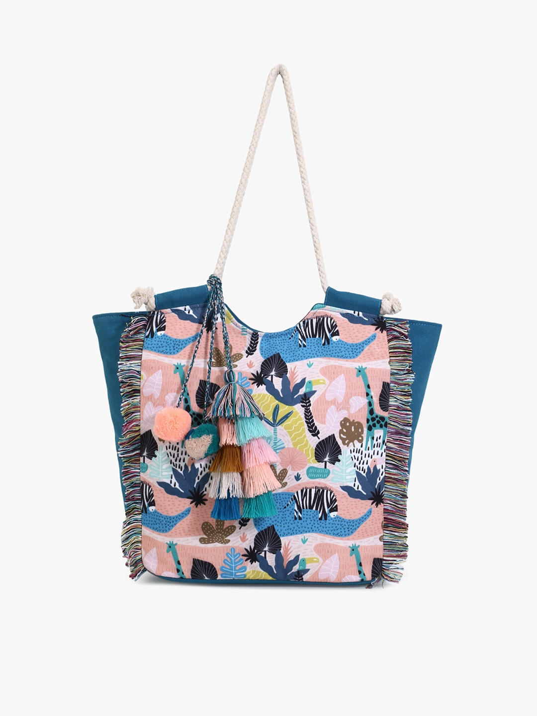 

Anekaant Blue & Peach-Coloured Digital Print Fringed Tassells Shoulder Bag