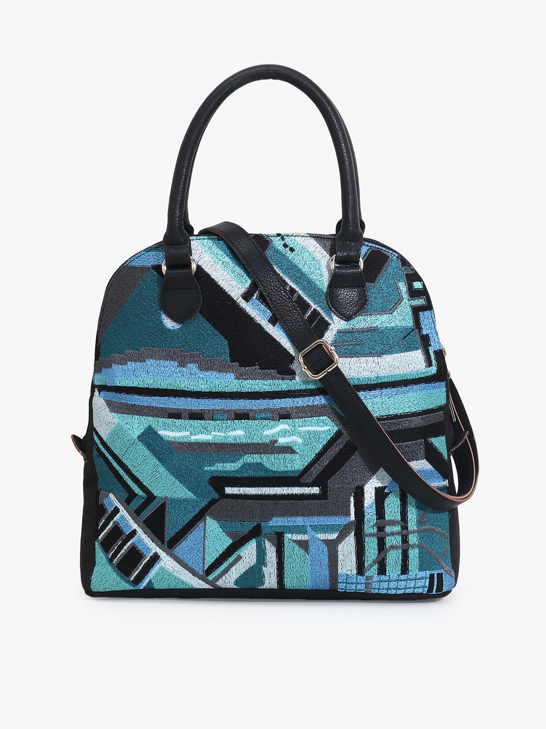 Anekaant Women Turquoise Blue Printed Structured Handheld Bag