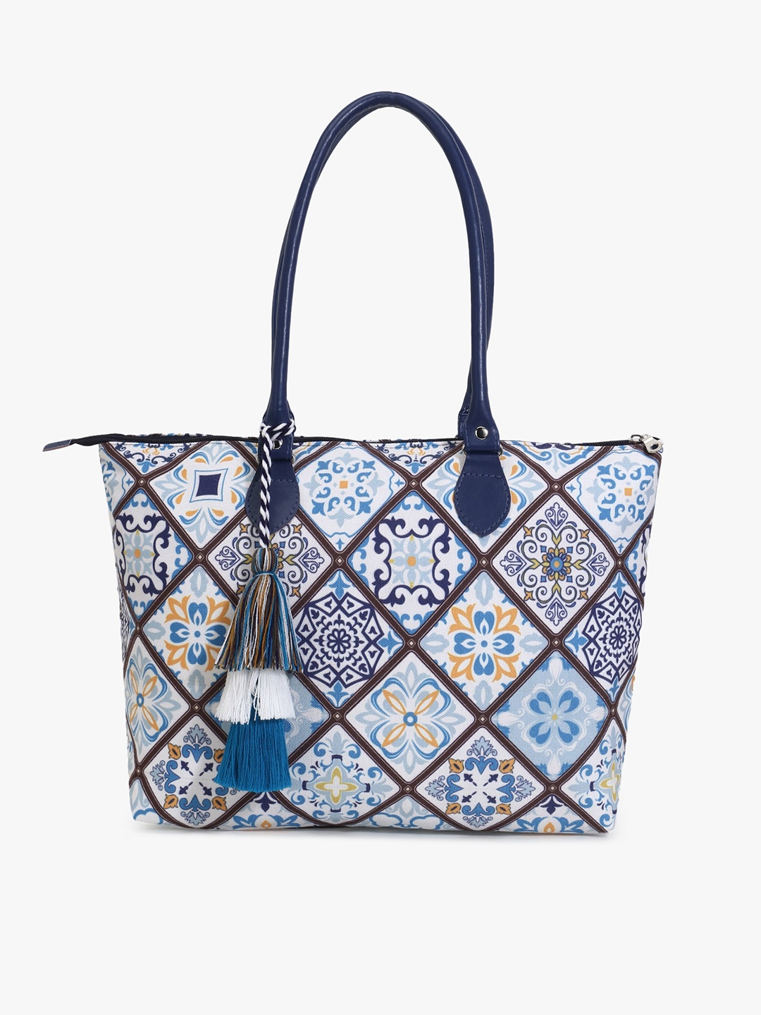 

Anekaant White Ethnic Motifs Printed Shopper Tote Bag with Tasselled