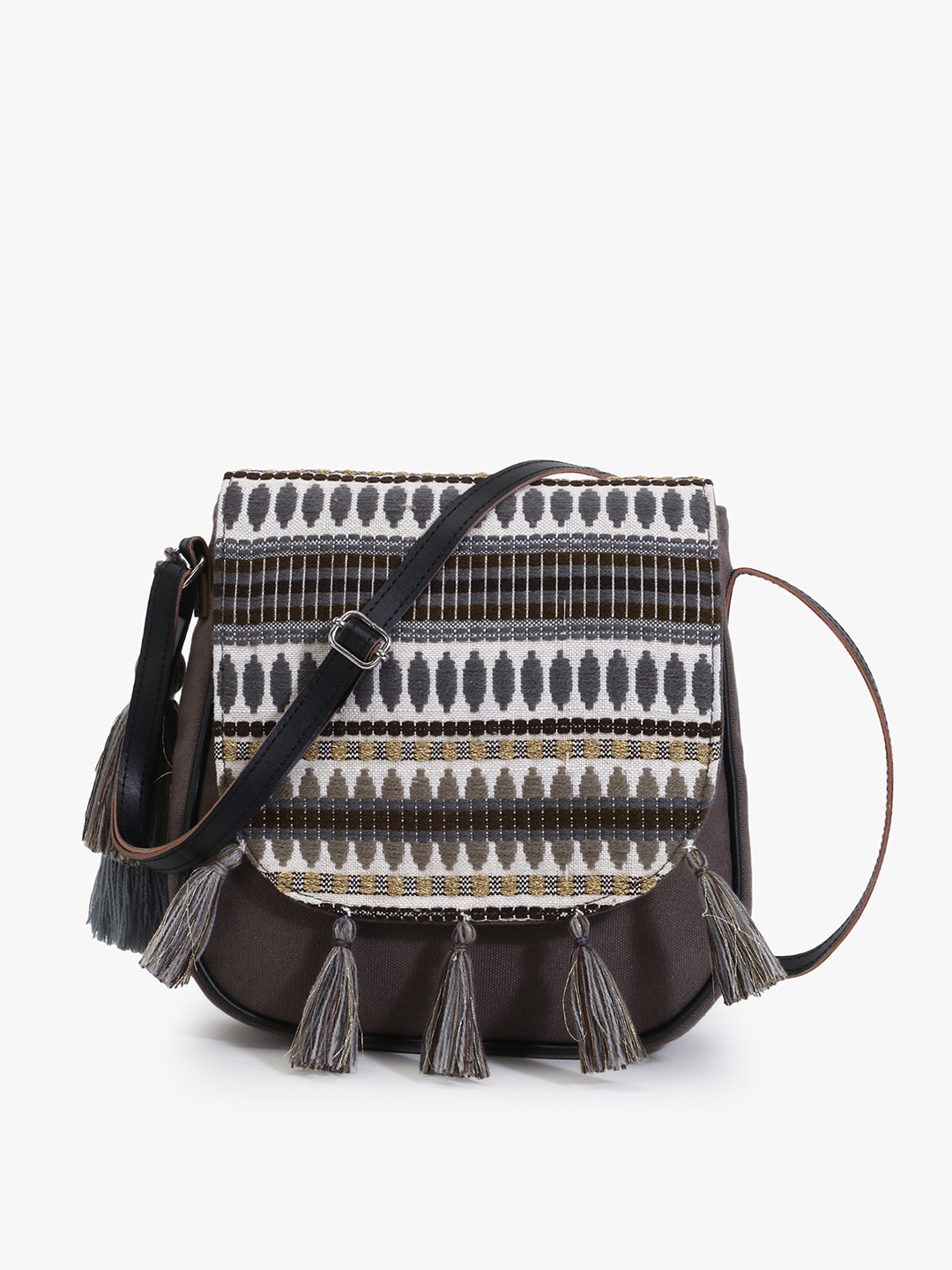 

Anekaant Women Grey Geometric Printed Structured Sling Bag with Tasselled