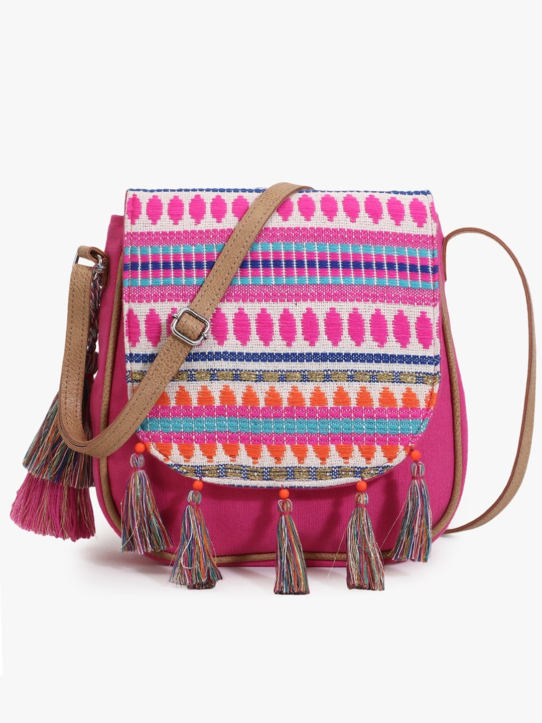 

Anekaant Pink Geometric Half Moon Sling Bag with Tasselled