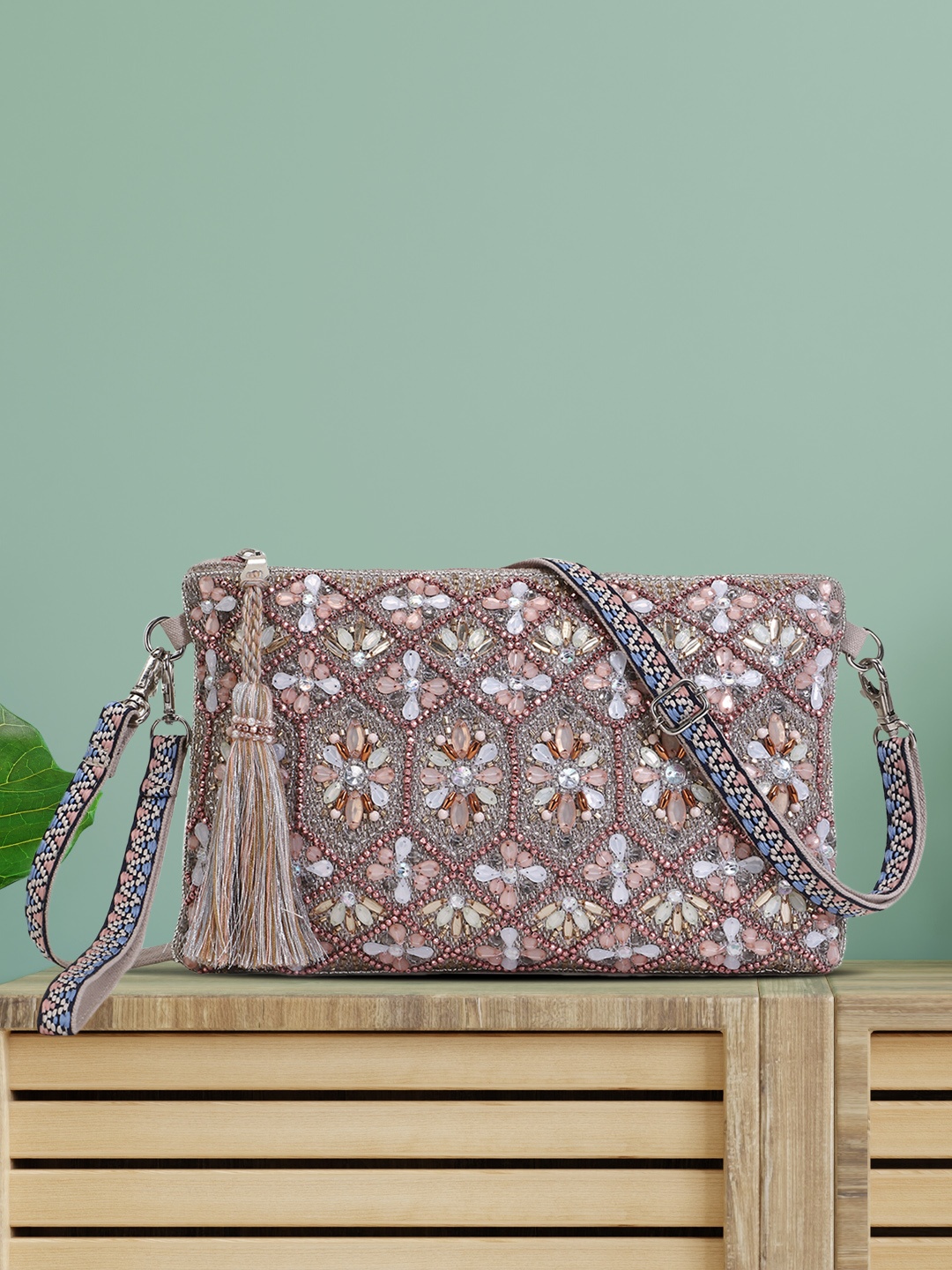 

Anekaant Silver-Toned Floral Embellished Jacquard Sling Bag with Tassells & Wrist Loop, Grey