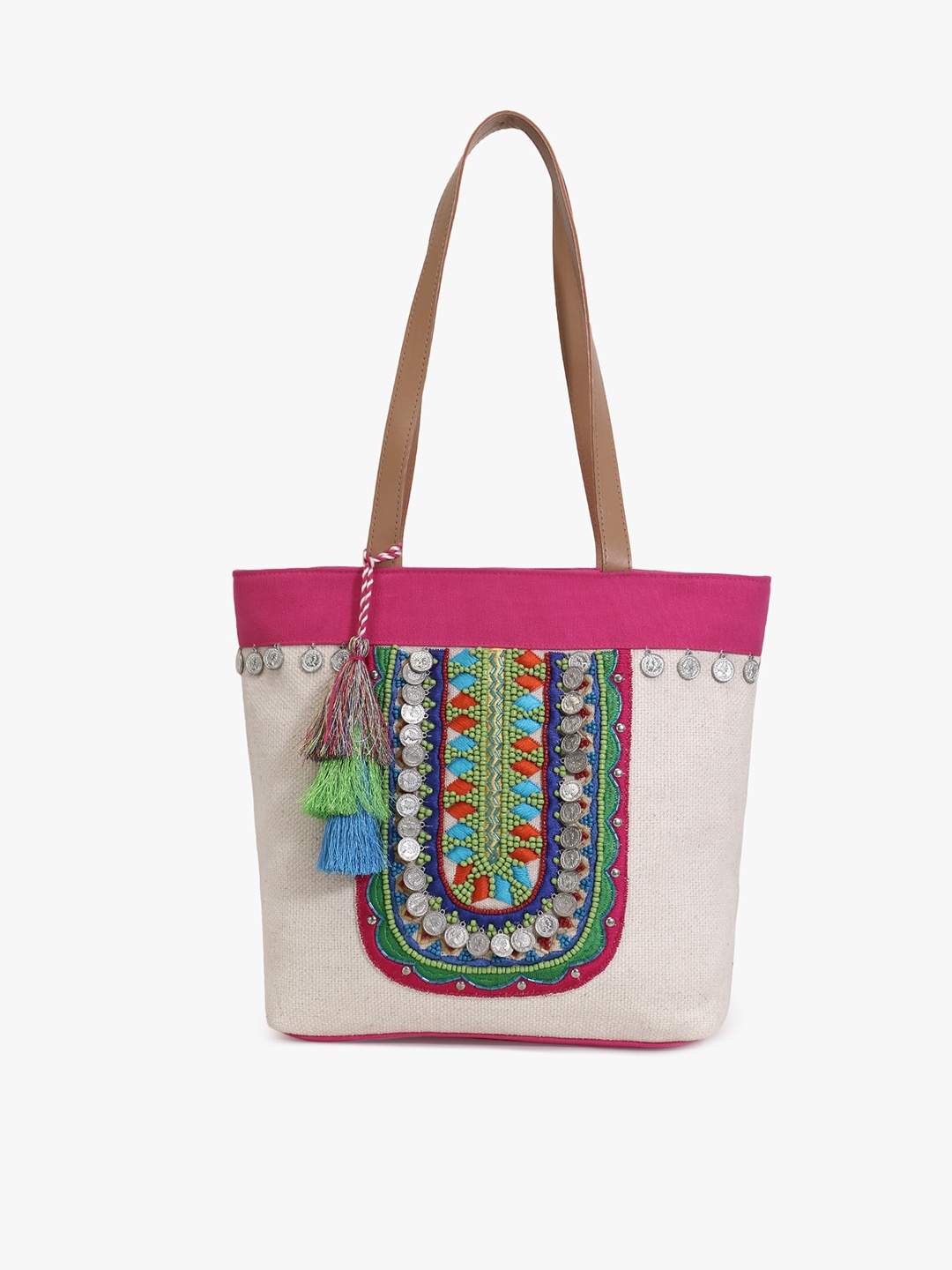 Anekaant Off White Embellished Oversized Boho Embellished Shopper Tote Bag