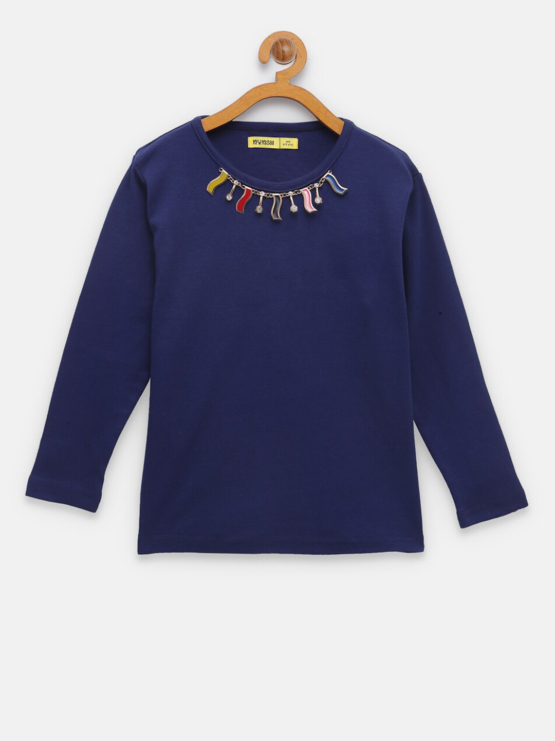 

NYNSH- PlusS Kids Girls Navy Blue Solid Embellished Cotton T-shirt