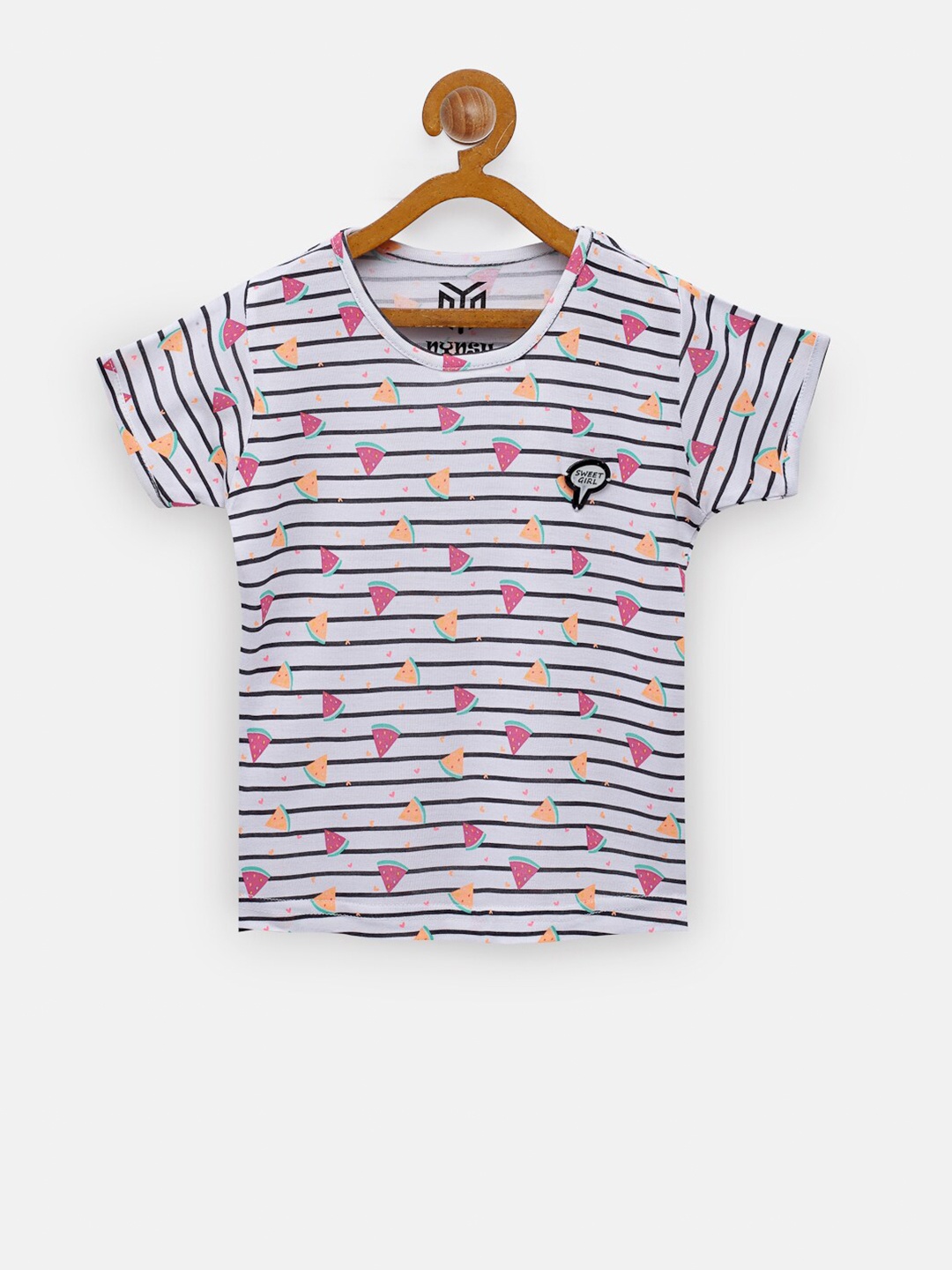 

NYNSH- PlusS Kids Girls White & Pink Printed Pure Cotton T-shirt