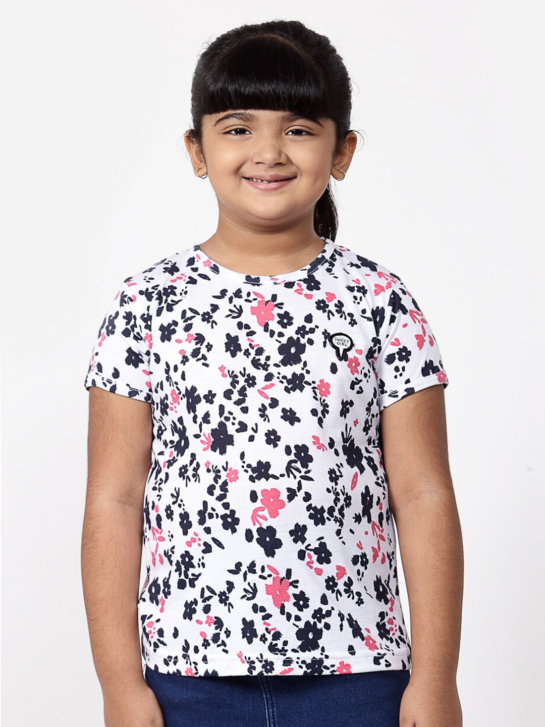 

NYNSH- PlusS Kids Girls White & Pink Printed Cotton T-shirt