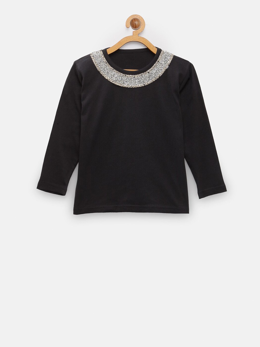 

NYNSH- PlusS Kids Girls Black & Silver-Toned Embellished Pure Cotton Top