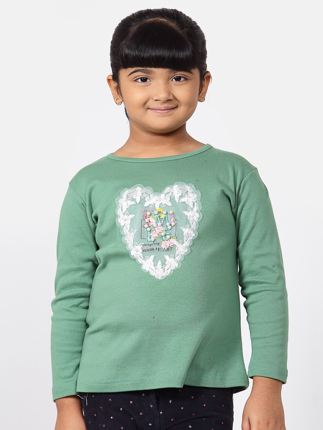 

NYNSH- PlusS Kids Girls Sea Green V-Neck Applique Cotton T-shirt