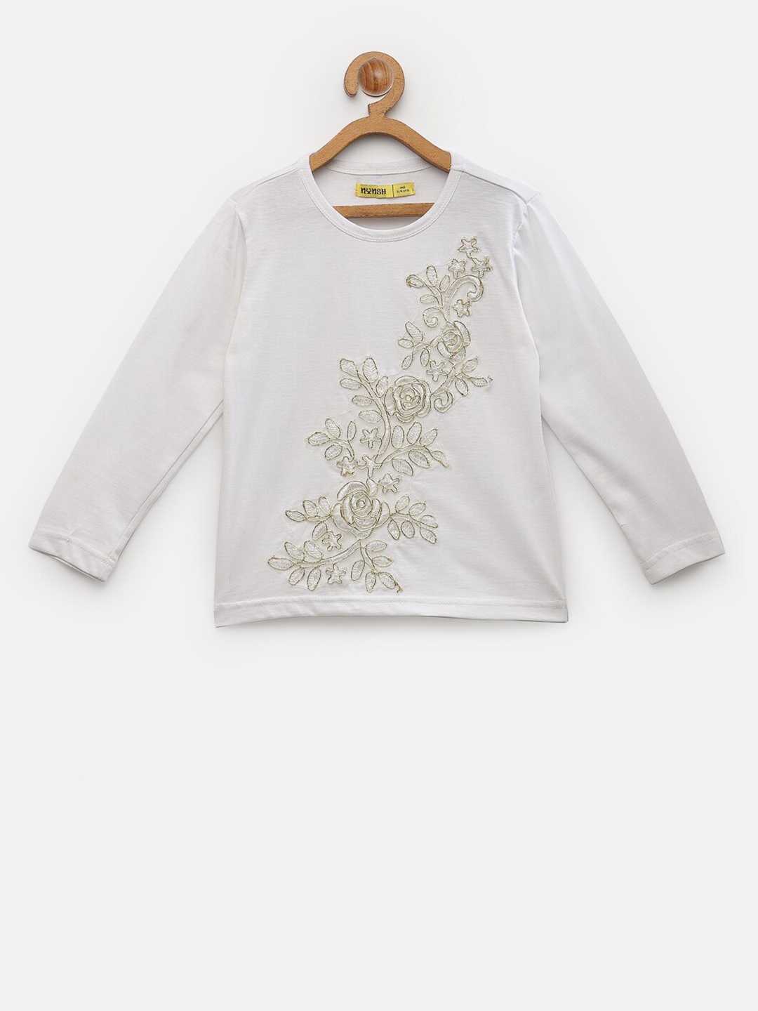 

NYNSH- PlusS Kids Girls White & Gold-Toned Floral Embroidered Pure Cotton Top