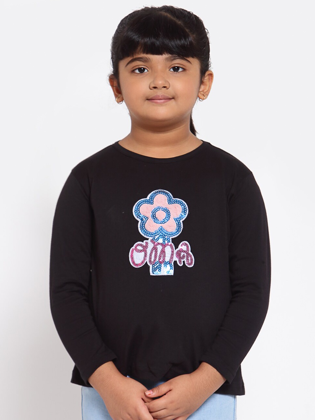 

NYNSH- PlusS Kids Girls Black & Blue Embellished Pure Cotton T-shirt