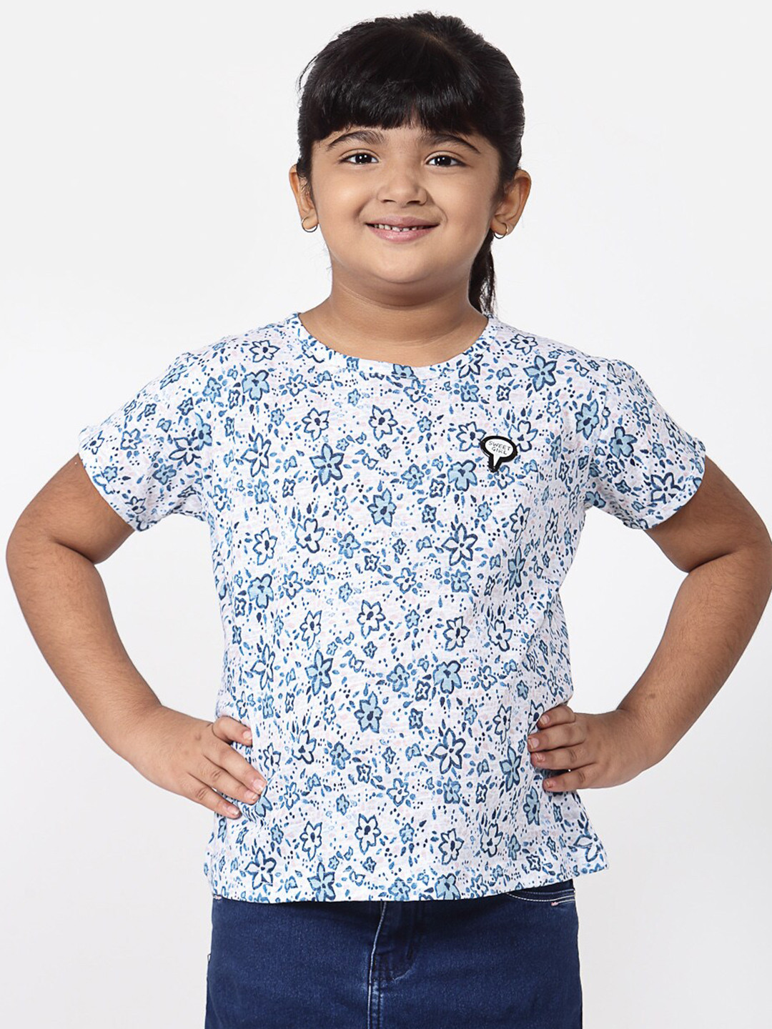 

NYNSH- PlusS Kids Girls White & Blue Floral Printed Cotton T-shirt
