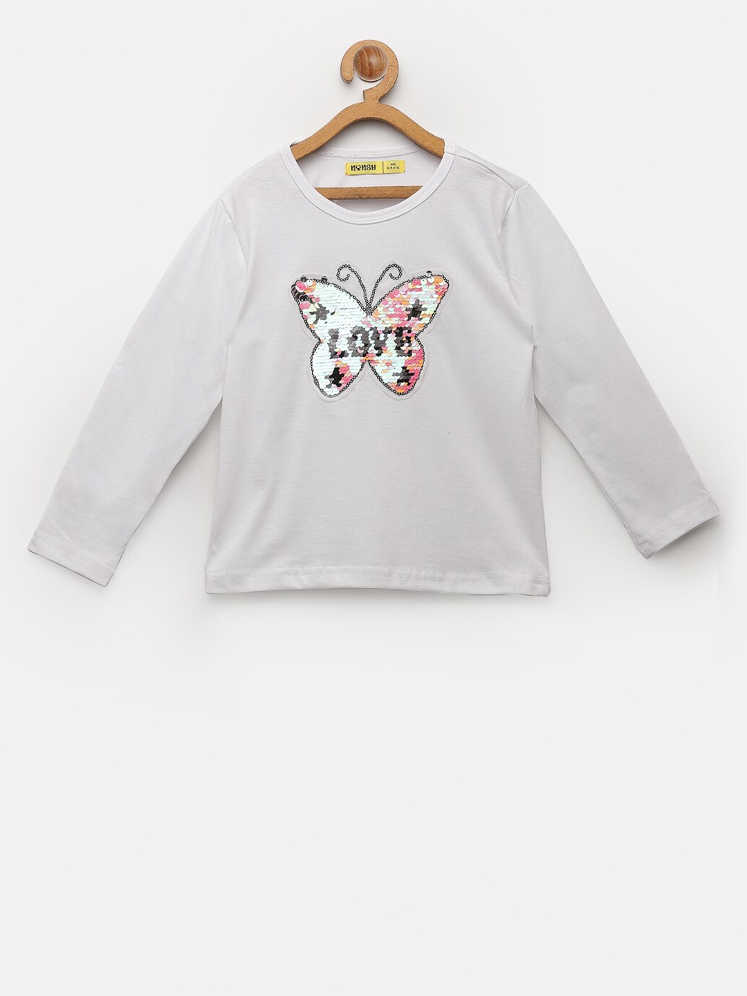 

NYNSH- PlusS Kids Girls Off White & Pink Embellished Pure Cotton T-shirt