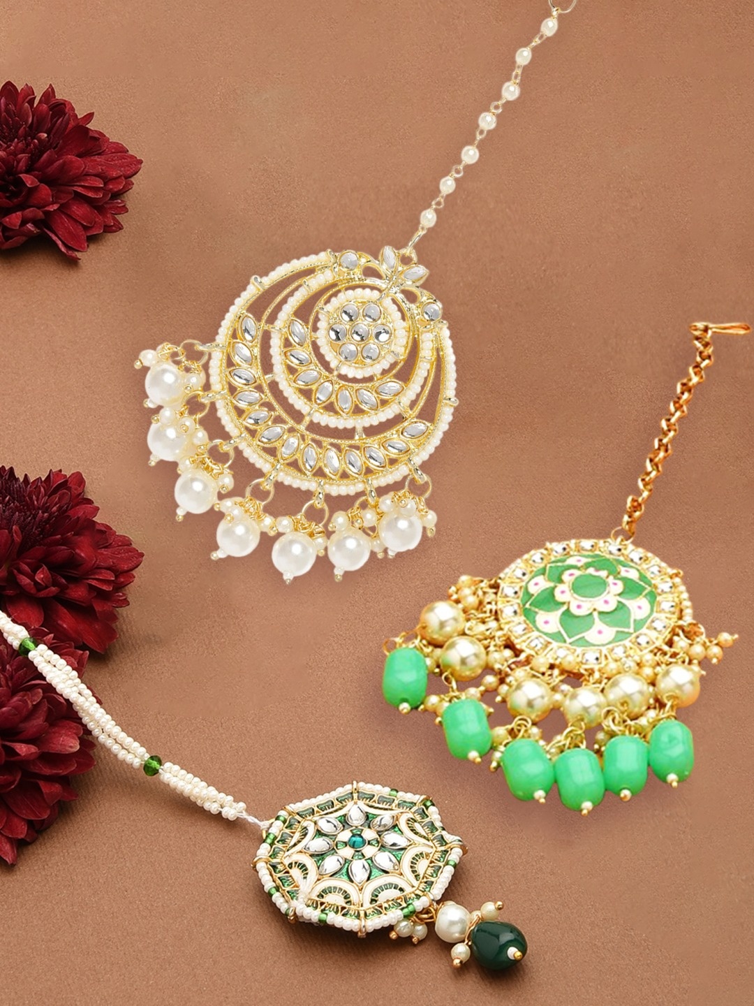 

Zaveri Pearls Set Of 3 Gold-Plated Green & White Kundan & Beaded Antique Meenakari Maang Tikka