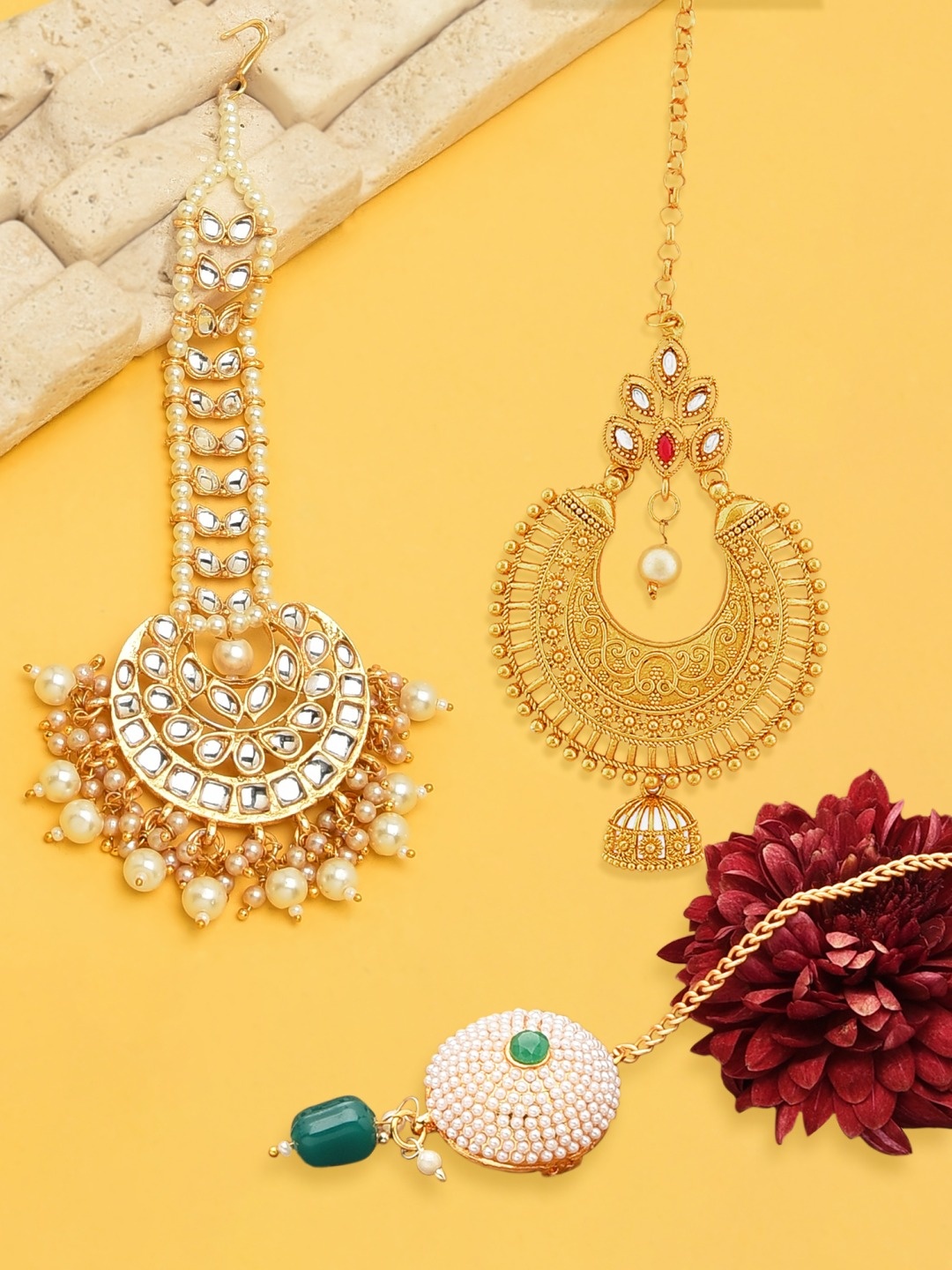 

Zaveri Pearls Set Of 3 Gold-Plated White & Green Kundan Studded Maang Tikka