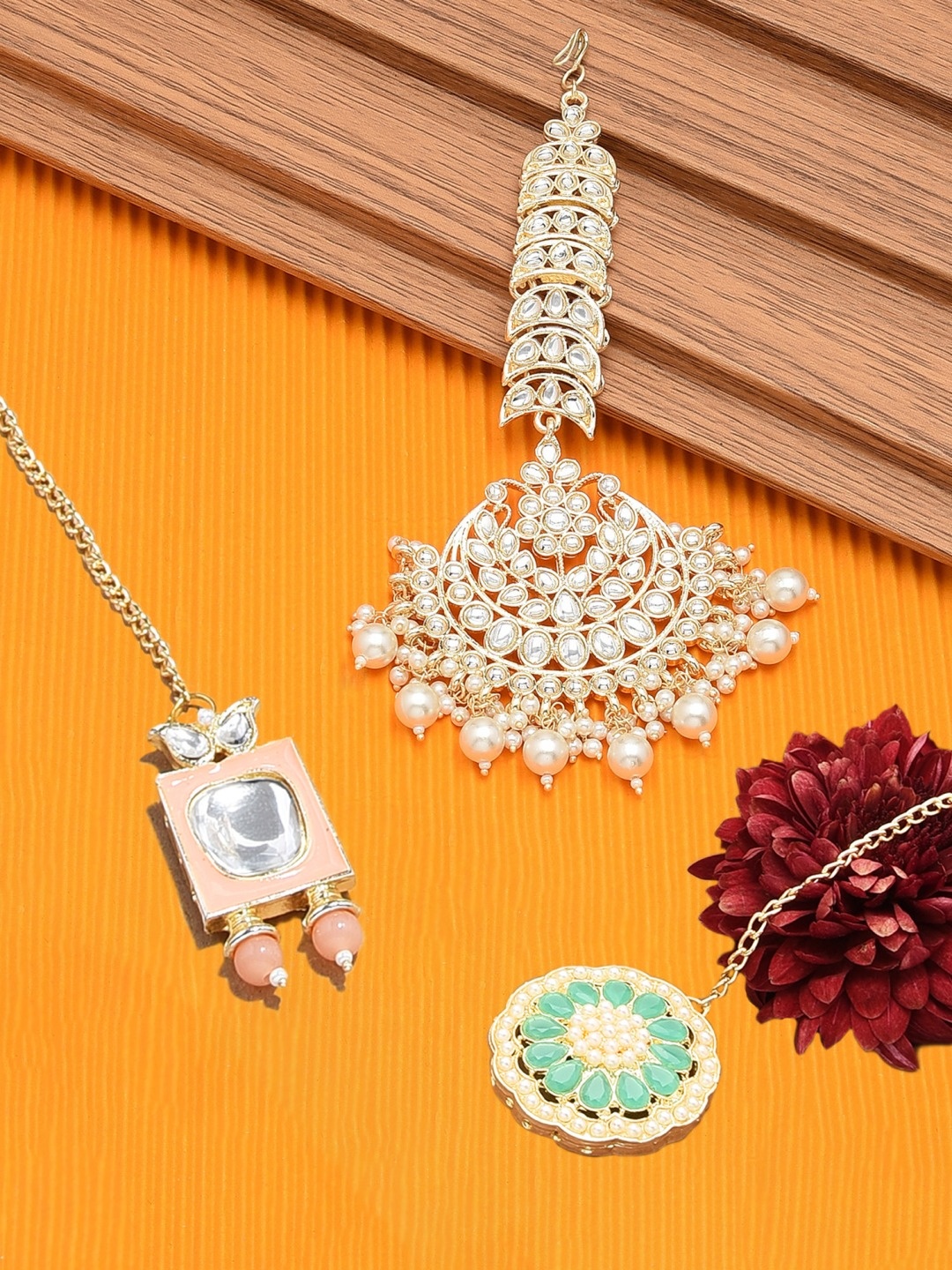 

Zaveri Pearls Set of 3 Gold-Plated Kundan Maangtikka