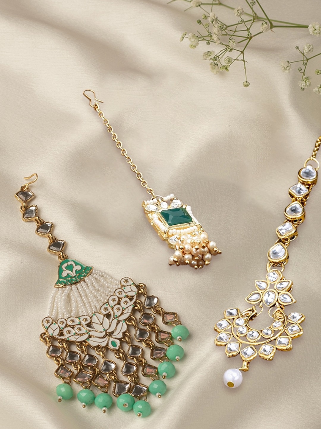

Zaveri Pearls Set of 3 Gold-Plated Kundan-Studded Beaded Maang Tikas