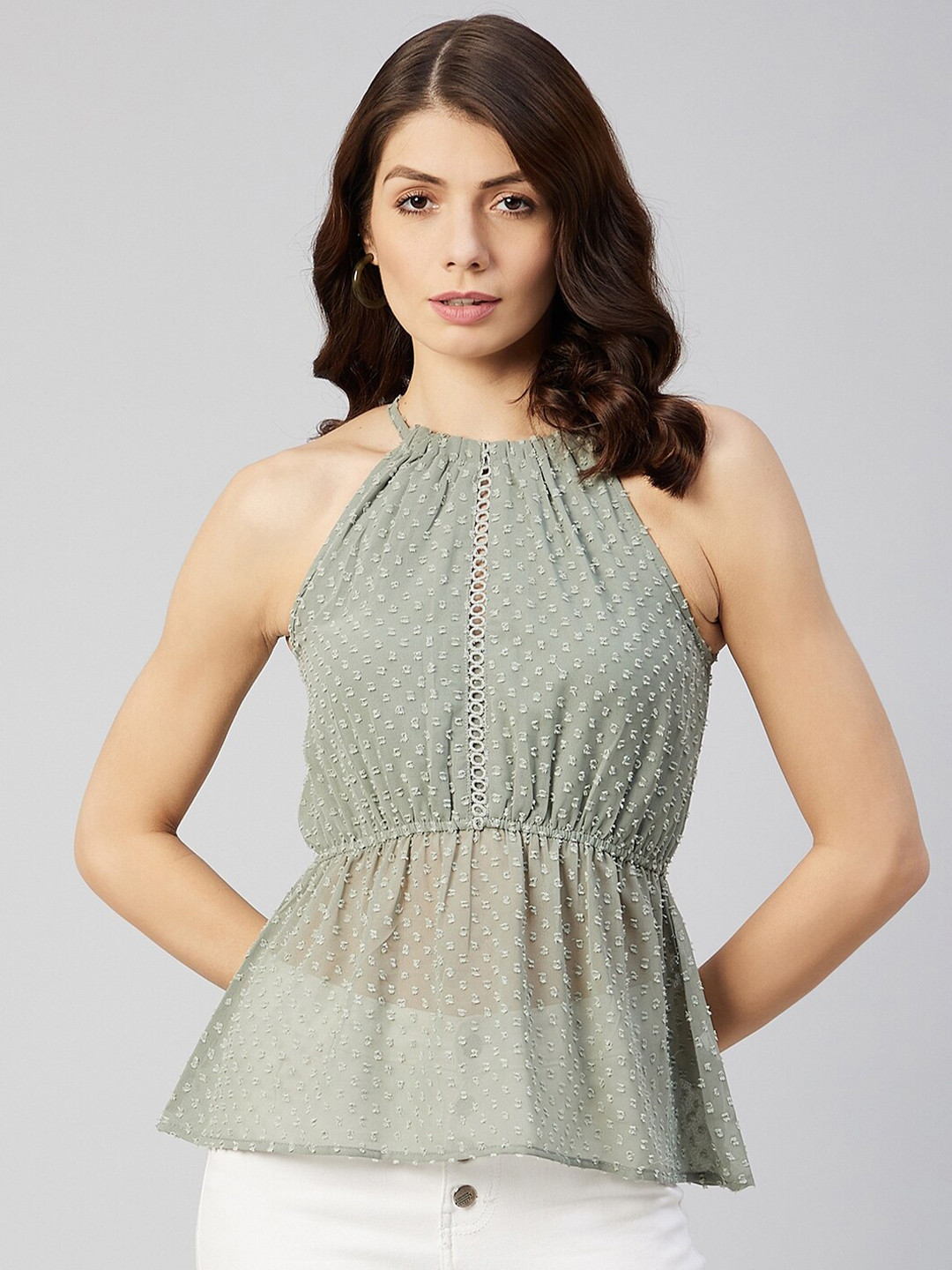 

RARE Women Green Halter Neck Georgette Cinched Waist Top