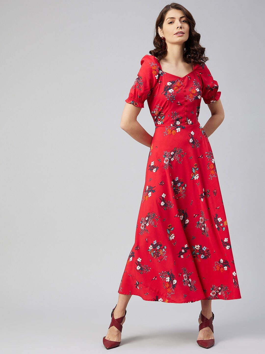 

RARE Women Red Floral Printed A-Line Maxi Dress