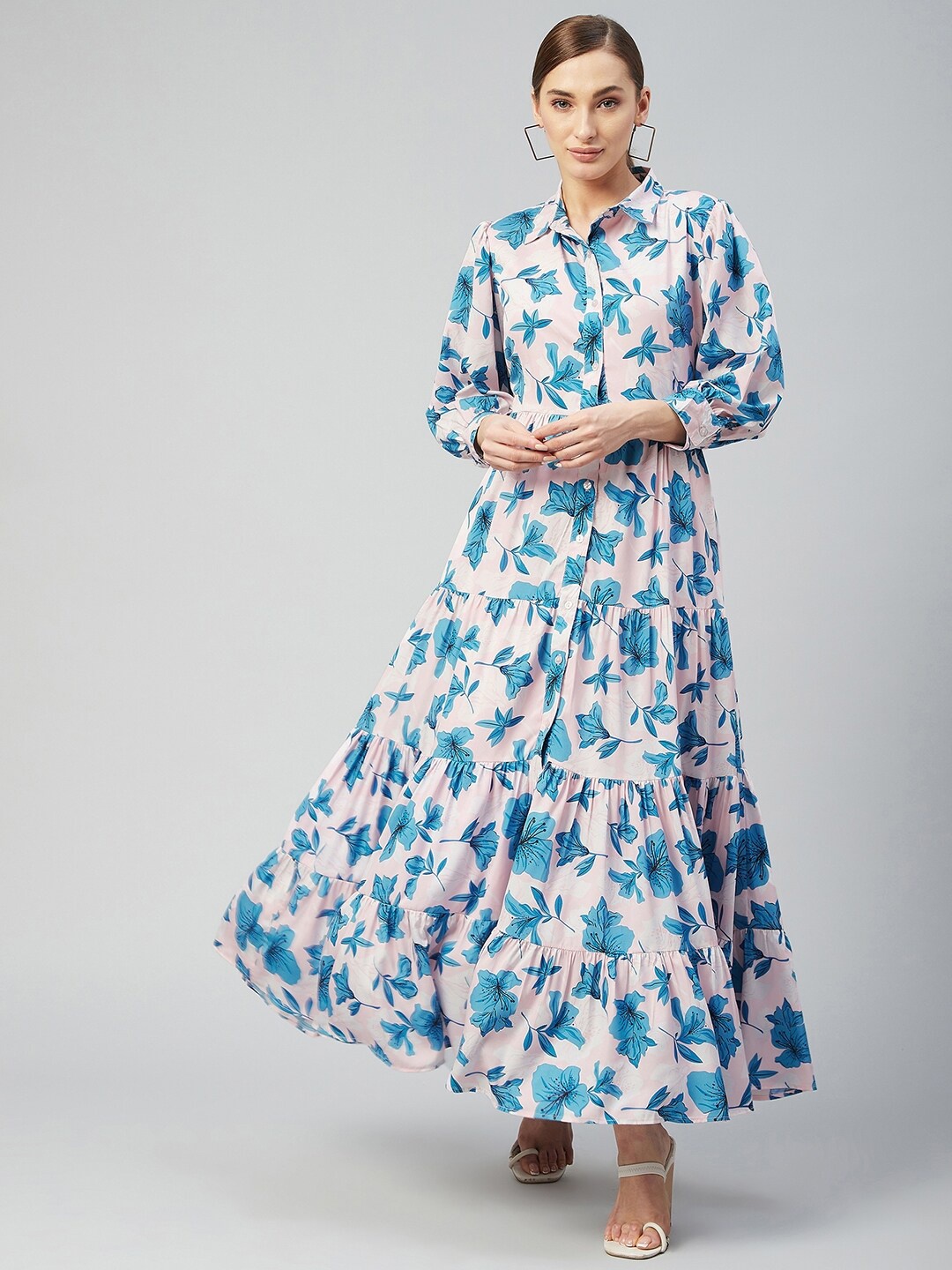 

RARE Women Peach & Blue Floral Printed Crepe Maxi Dress