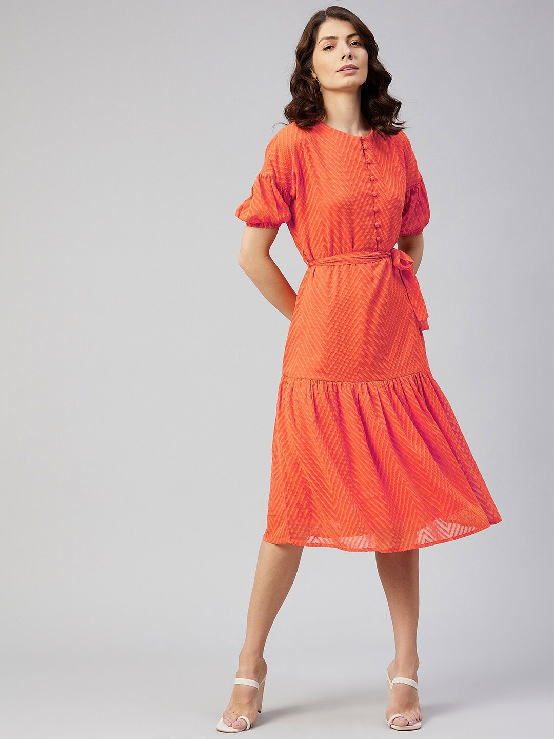 

RARE Women Orange Georgette A-Line Midi Dress