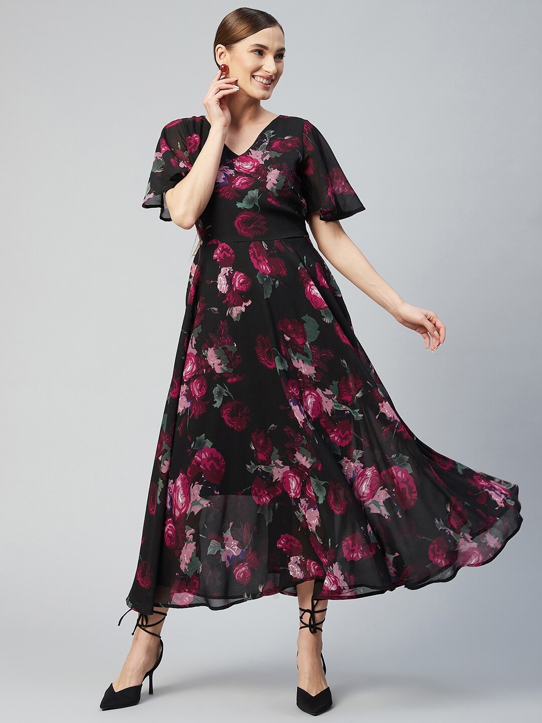 

RARE Women Black Floral Georgette Maxi Dress