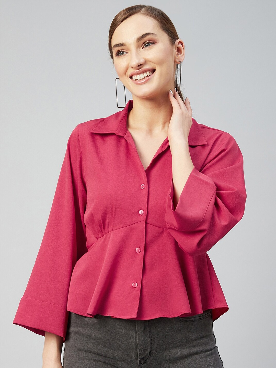 

RARE Women Red Crepe Shirt Style Top