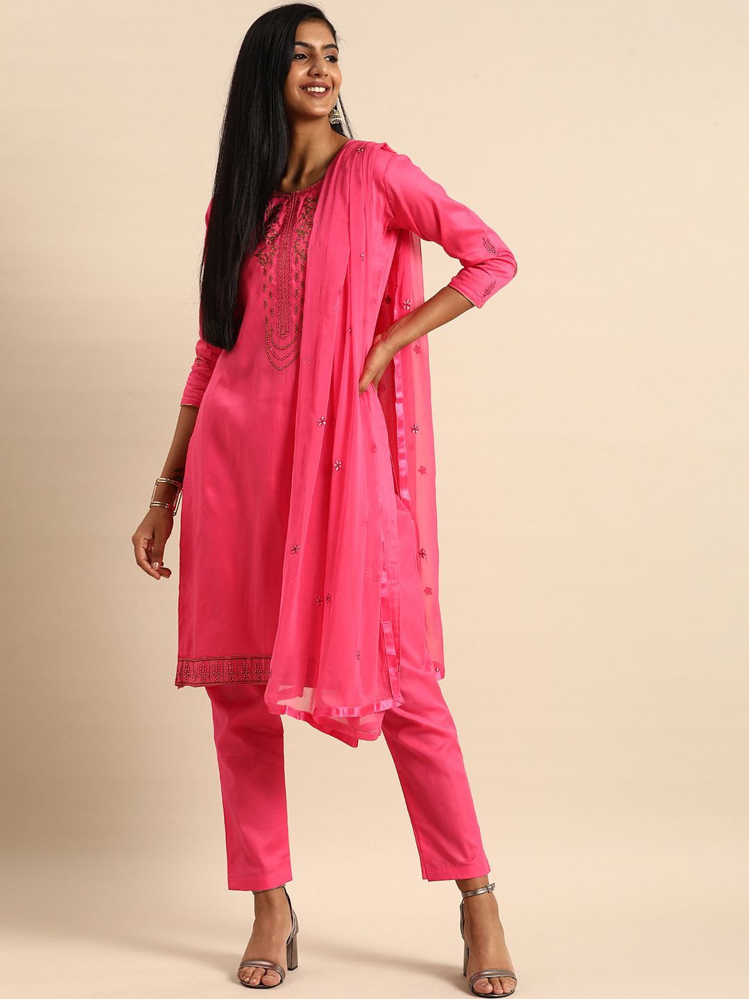 

Shaily Pink Embroidered Pure Cotton Unstitched Kurta Set Material