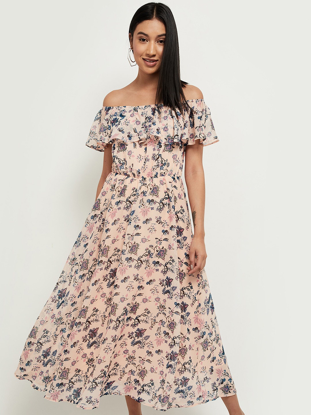 

max Women Pink Floral Printed Off-Shoulder Midi Dress