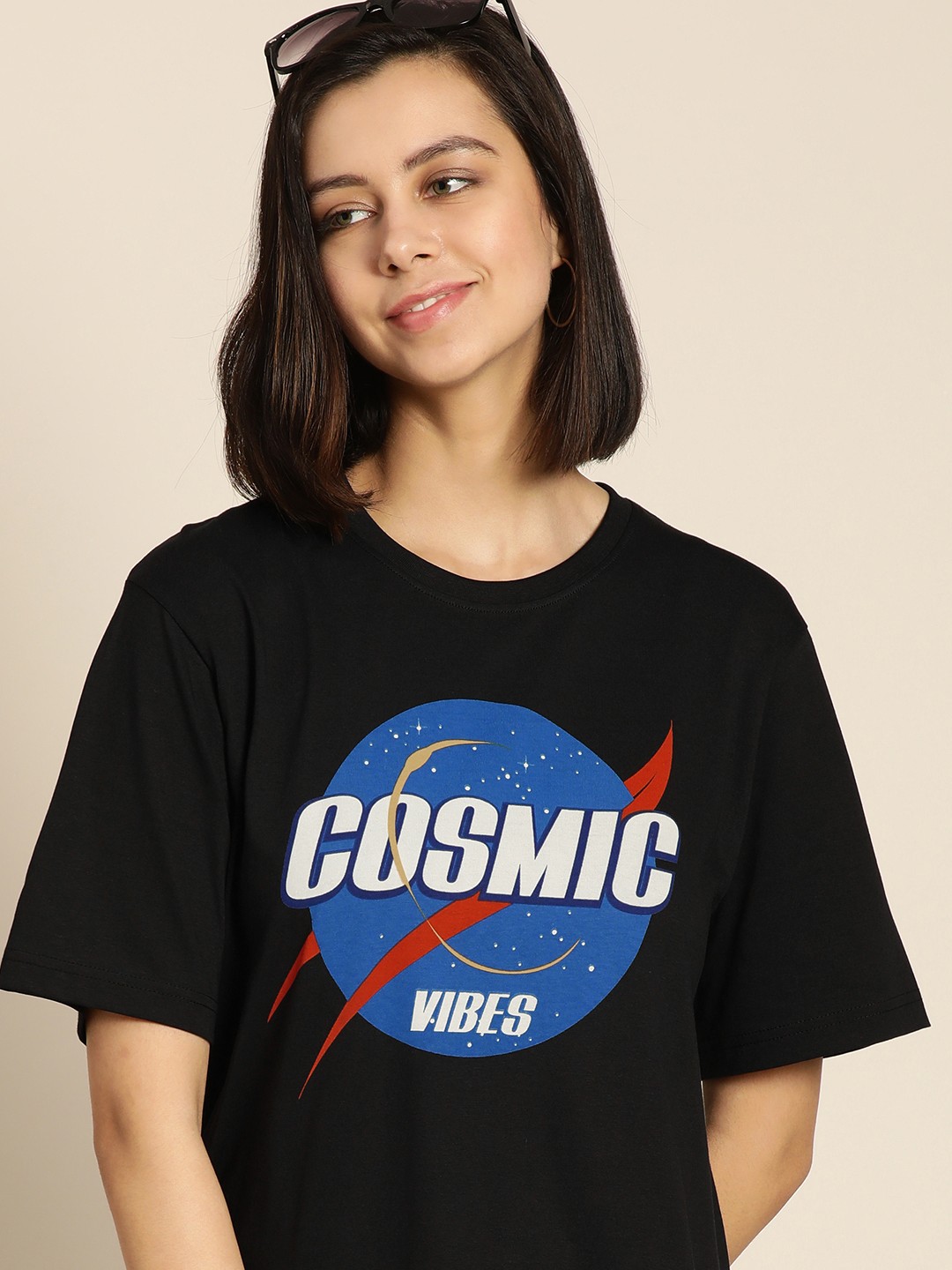 

Difference of Opinion Women Black & Blue Printed Cotton Loose T-shirt