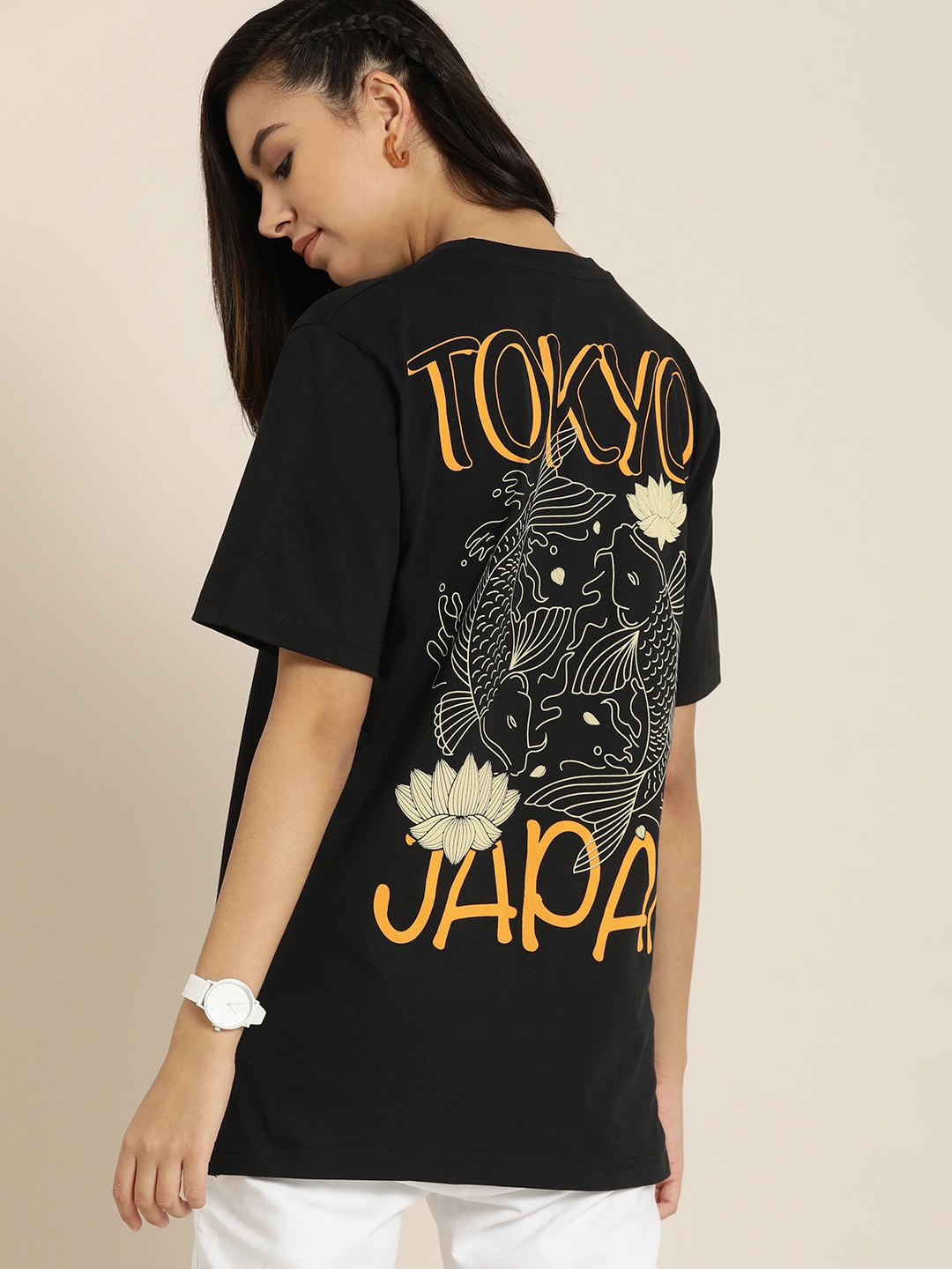 

Difference of Opinion Black & Beige Back Graphic Print Oversized Cotton Longline Tshirt