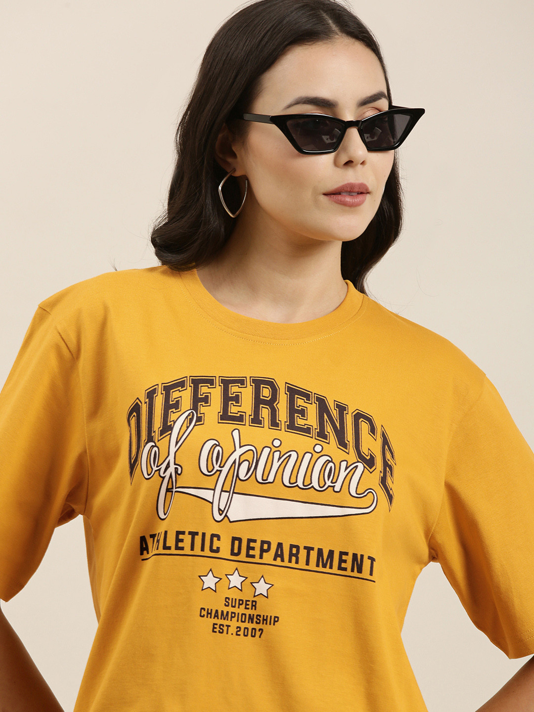

Difference of Opinion Women Mustard Yellow Brand Logo Printed Pure Cotton T-Shirt