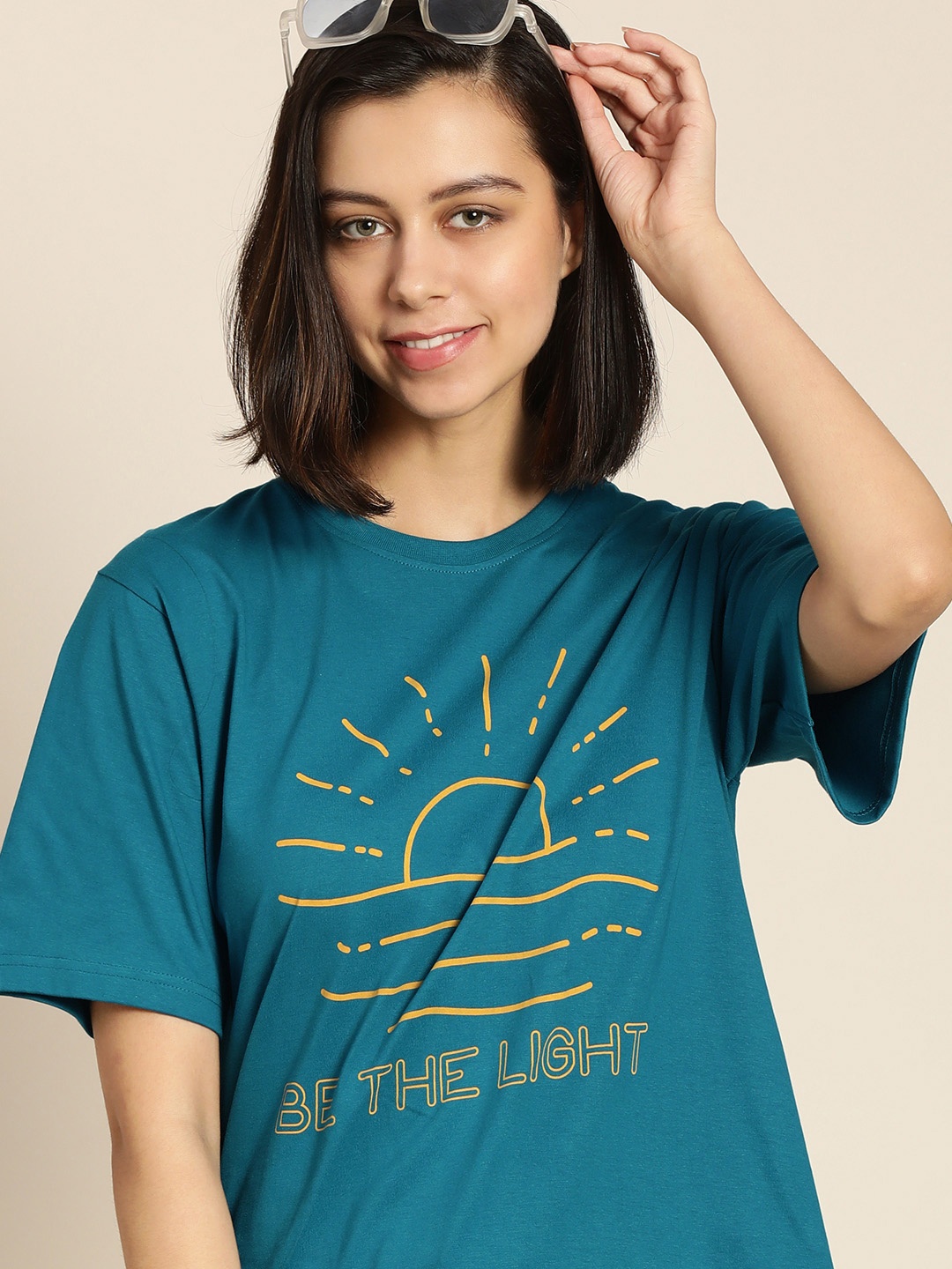 

Difference of Opinion Women Blue Printed Cotton OversizedT-shirt