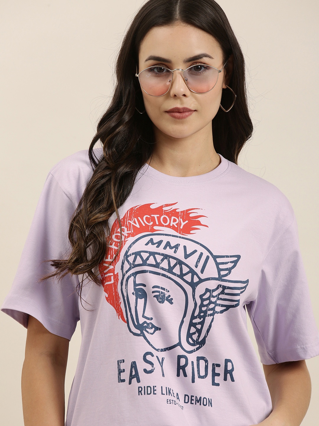 

Difference of Opinion Women Lavender Conversational Printed Pure Cotton Oversized T-Shirt