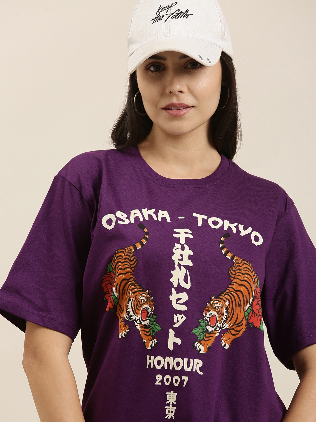 

Difference of Opinion Women Purple Typography Printed Pure Cotton Loose Oversized T-Shirt