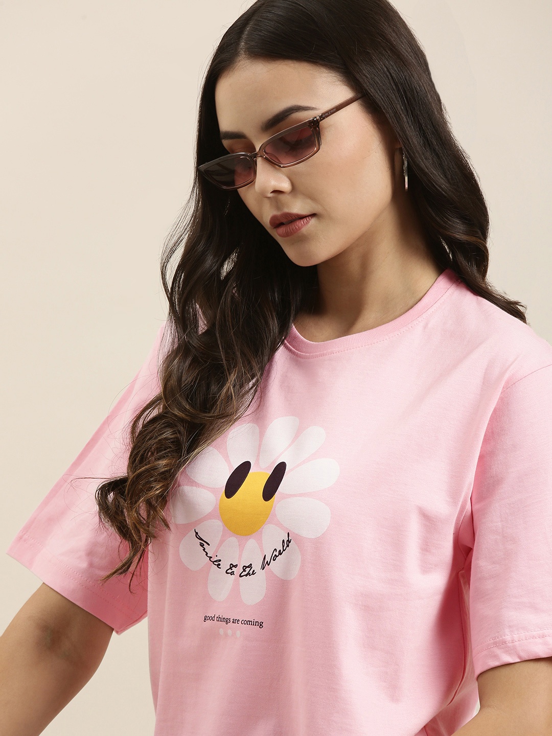 

Difference of Opinion Women Pink Typography Printed Pure Cotton Oversized T-Shirt
