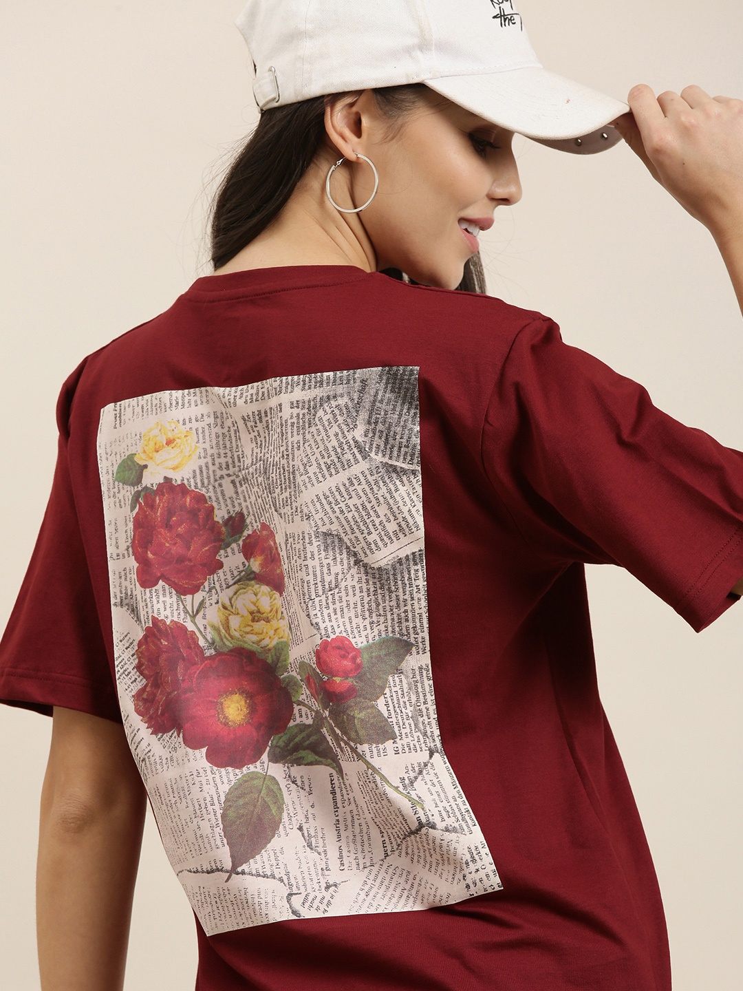 

Difference of Opinion Women Maroon Floral Printed Pure Cotton Oversized T-Shirt